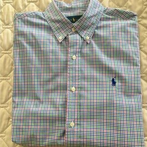 Mens Ralph Lauren button down long sleeve plaid shirt.